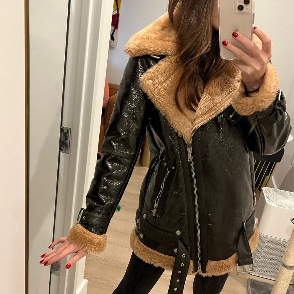 Avec Les Filles Patent Faux Sherpa Oversized Coat - Picture 9 of 12